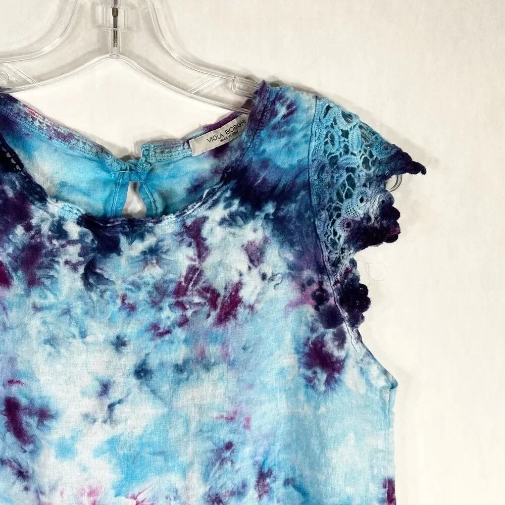 Viola Borghi Medium Top Victory Dance Tie Dye Handmade Blue Linen Lace 1611‎